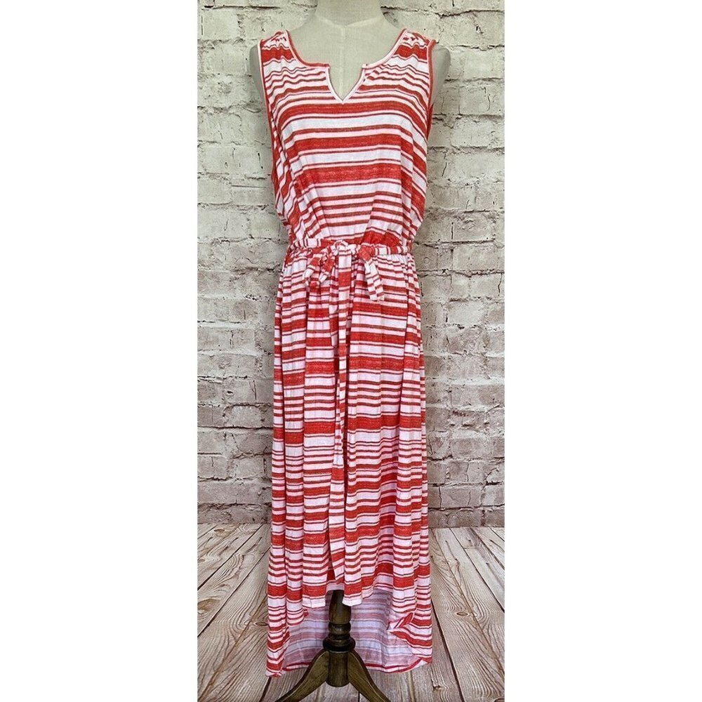 Sonoma Womens 1X NEW Red Striped Knit Sundress Tie Waist Sleeveless Hi/Lo Hem